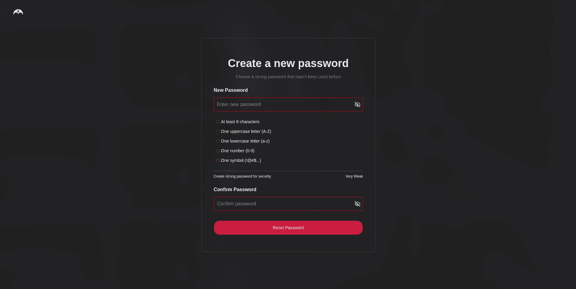 Password reset request screen